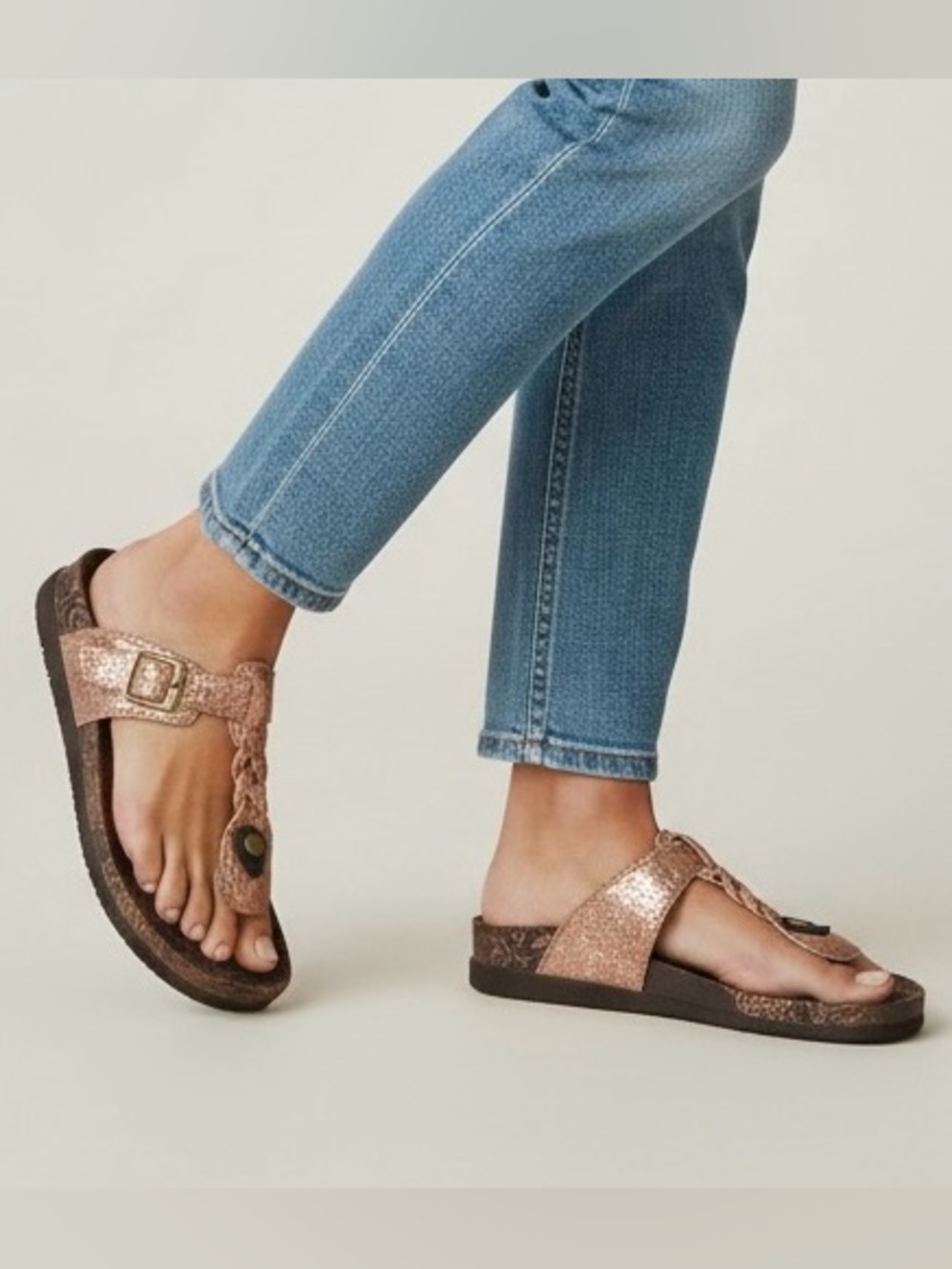 Muk Luks Womens 10 Rose Gold Metallic Braided Thong Buckle Slide Comfort Sandals